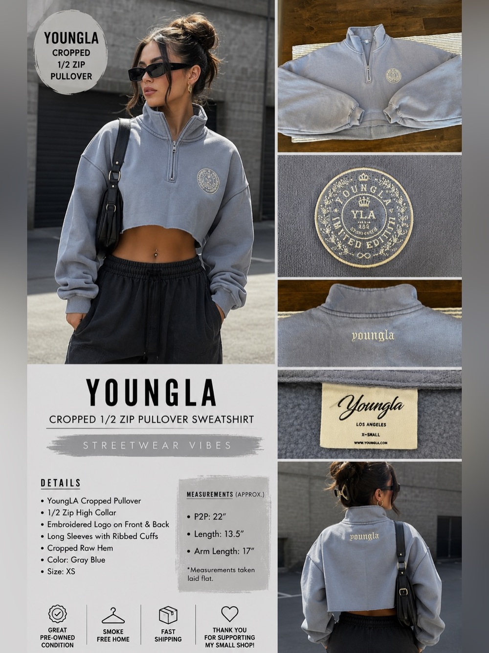 YoungLA Lavender/Gray Mineral Wash Embroidered Half-Zip Pullover Sweatshirt, XS